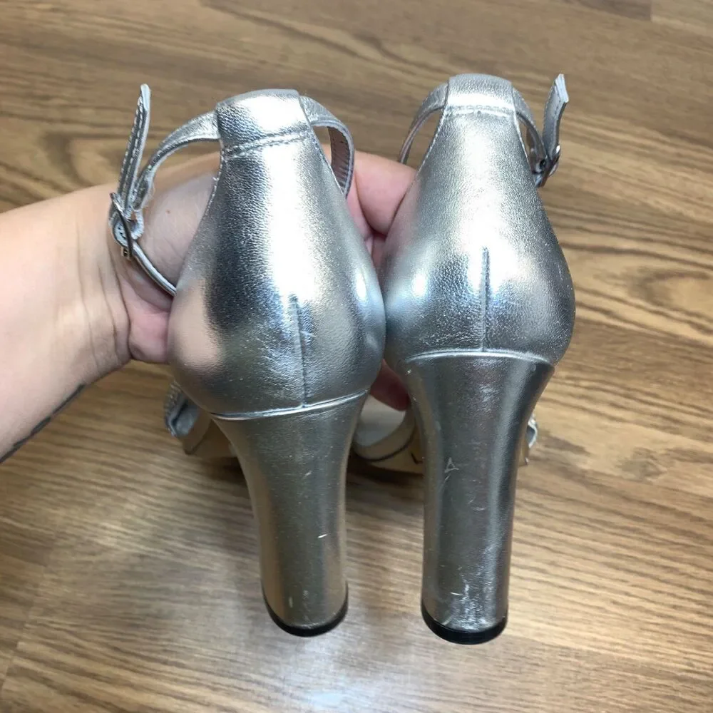 Marc Fisher Women Angelo Heeled Sandals Size 7M Silver Leather Party Embellished